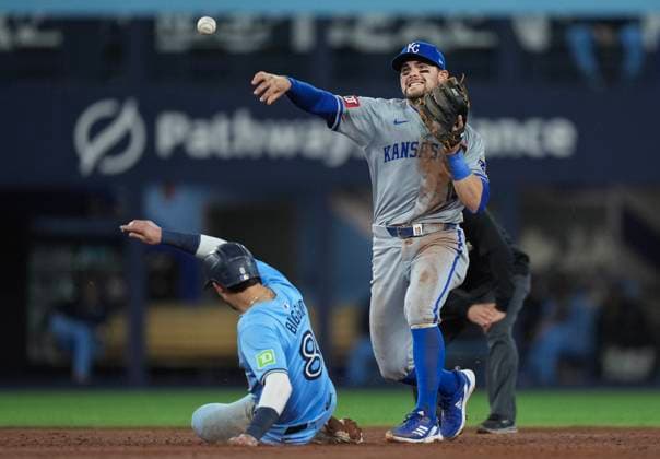 April 29, 2024, Toronto, On, CANADA: Kansas City Royals second baseman Michael Massey (19) forces out Toronto Blue Jays second baseman Cavan Biggio (8) at second base then turns the double play over to first base to out Blue Jays shortstop Isiah Kiner-Falefa during fifth inning American League MLB, Baseball Herren, USA baseball action in Toronto on Monday, April 29, 2024. Canada News - April 29, 2024  - ZUMAc35_ 20240429_zaf_c35_129 Copyright: xNathanxDenettex