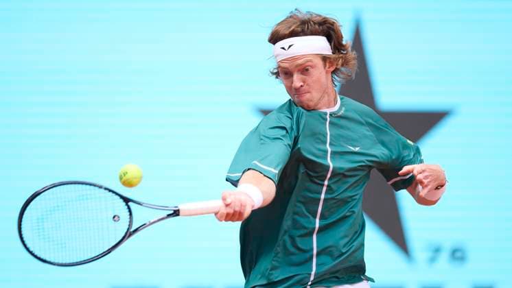 Mutua Madrid Open - Day Nine Andrey Rublev returns a shot against Tallon Griekspoor of Netherlands during day nine of the Mutua Madrid Open 2024 at Caja Magica on April 30, 2024, in Madrid, Spain. Madrid Caja Magica Madrid Spain RL_MMO24_01021 Copyright: xRicardoxLarreinax