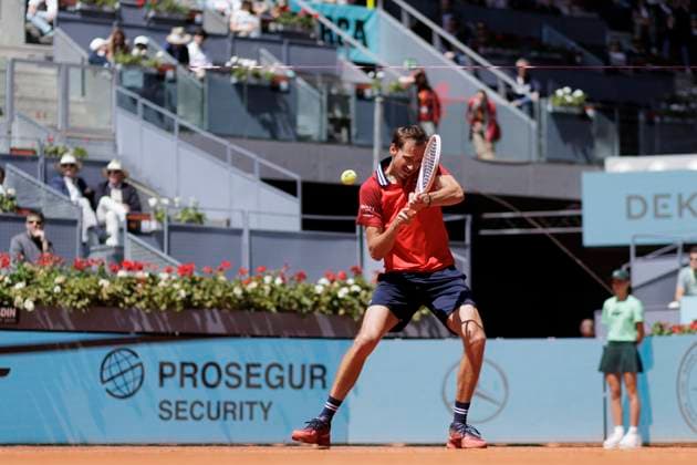 April 30, 2024, Madrid, Spain: Daniil Medvedev of Russian returns a shot against Alexander Bublik of Kazakhstani ( not pictured) during their match on Day 9 of the Mutua Madrid Open at Caja Magica Stadium. Final score: Daniil Medvedev 6-2, 6-4 Alexander Bublik. Madrid Spain - ZUMAs197 20240430_aaa_s197_018 Copyright: xGuillermoxMartinezx
