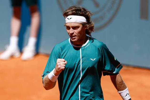 April 30, 2024, Madrid, Madrid, SPAIN: Andrey Rublev of Russia celebrates after winning against Tallon Griekspoor of Netherlands during the Masters 1000 and WTA, Tennis Damen 1000, tournament celebrated at Caja Magica on April 30, 2024 in Madrid, Spain. Madrid SPAIN - ZUMAa181 20240430_zaa_a181_159 Copyright: xIrinaxR.xHipolitox