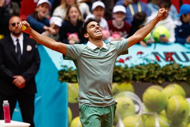 Sport Bilder des Tages April 30, 2024, Madrid, Madrid, SPAIN: Francisco Cerundolo of Argentina celebrates after winning against Alexander Zverev of Germany during the Masters 1000 and WTA, Tennis Damen 1000, tournament celebrated at Caja Magica on April 30, 2024 in Madrid, Spain. Madrid SPAIN - ZUMAa181 20240430_zaa_a181_171 Copyright: xIrinaxR.xHipolitox