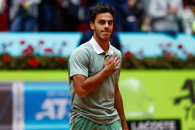 April 30, 2024, Madrid, Madrid, SPAIN: Francisco Cerundolo of Argentina celebrates after winning against Alexander Zverev of Germany during the Masters 1000 and WTA, Tennis Damen 1000, tournament celebrated at Caja Magica on April 30, 2024 in Madrid, Spain. Madrid SPAIN - ZUMAa181 20240430_zaa_a181_173 Copyright: xIrinaxR.xHipolitox