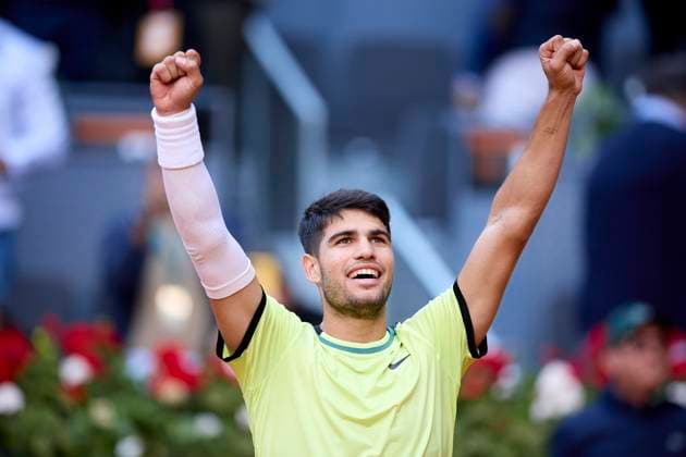 Mutua Madrid Open - Day Nine Carlos Alcaraz of Spain celebrates after winning the match against Jan-Lennard Struff of Germany during day nine of the Mutua Madrid Open 2024 at Caja Magica on April 30, 2024, in Madrid, Spain. Madrid Caja Magica Madrid Spain RL_MMO24_01305 Copyright: xRicardoxLarreinax