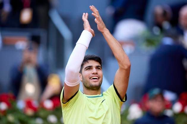Mutua Madrid Open - Day Nine Carlos Alcaraz of Spain celebrates after winning the match against Jan-Lennard Struff of Germany during day nine of the Mutua Madrid Open 2024 at Caja Magica on April 30, 2024, in Madrid, Spain. Madrid Caja Magica Madrid Spain RL_MMO24_01308 Copyright: xRicardoxLarreinax