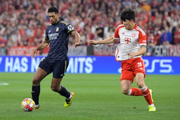 30.04.2024, xemx, Fussball UEFA Champions League, FC Bayern Muenchen - Real Madrid emspor, v.l. Jude Bellingham (Real Madrid), Kim Minjae (FC Bayern Muenchen) (DFL DFB REGULATIONS PROHIBIT ANY USE OF PHOTOGRAPHS as IMAGE SEQUENCES and or QUASI-VIDEO) Muenchen