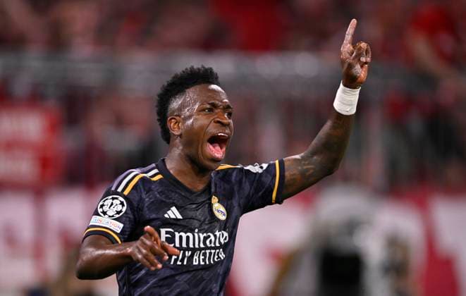TOR zum 0:1 Vinicius Junior Real Madrid (07) Torjubel FC Bayern Muenchen FCB vs Real Madrid Halbfinale Hinspiel 30.04.2024 DFL REGULATIONS PROHIBIT ANY USE OF PHOTOGRAPHS AS IMAGE SEQUENCES AND OR QUASI-VIDEO FC Bayern Muenchen FCB vs FC Arsenal