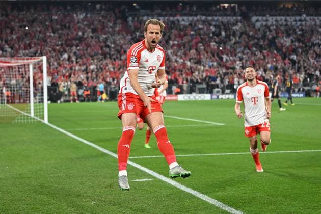 Muenchen, Allianz Arena, 30.04.24, GER, Herren, UEFA Champions League, Achtelfinale, Saison 2023-2024, FC Bayern Muenchen - Real Madrid Bild: Harry KANE (Muenchen) jubelt nach seinem Tor zum 2:1 Only for editorial use! UEFA regulations prohibit any use of photographs as image sequences and or quasi-video. Bayern Deutschland