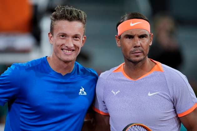 April 30, 2024, Madrid, Madrid, SPAIN: Rafael Nadal of Spain and Jiri Lehecka of Czech Republic pose for photo during the Mutua Madrid Open 2024, ATP, Tennis Herren Masters 1000 and WTA, Tennis Damen 1000, tournament celebrated at Caja Magica on April 30, 2024 in Madrid, Spain. Madrid SPAIN - ZUMAa181 20240430_zaa_a181_252 Copyright: xOscarxJ.xBarrosox