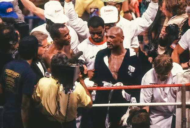 Boxing Leonard -Hagler 1987 Boxing Suger Ray Leonard vs Marvin Hagler 1987 WBC and The Ring middleweight title fight Las Vegas Caesars Palace Nevada United States Copyright: xDuomo PCNx BX0208 106037