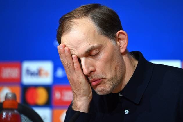 Trainer Thomas TUCHEL (Bayern Muenchen), Enttaeuschung,Frust,enttaeuscht, frustriert,niedergeschlagen, Einzelbild,angeschnittenes Einzelmotiv,Portraet,Portrait,Porträt. Pressekonferenz. Fussball Champions League Halbfinale FC Bayern Muenchen - Real Madrid 2-2 am 30.04.2024, A L L I A N Z A R E N A.