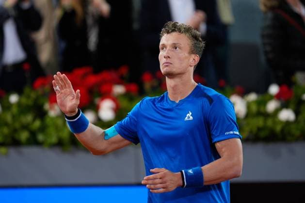 May 1, 2024, Madrid, Madrid, SPAIN: Jiri Lehecka of Czech Republic reacts after losing against Rafael Nadal of Spain during the Mutua Madrid Open 2024, ATP, Tennis Herren Masters 1000 and WTA, Tennis Damen 1000, tournament celebrated at Caja Magica on April 30, 2024 in Madrid, Spain. Madrid SPAIN - ZUMAa181 20240501_zaa_a181_007 Copyright: xOscarxJ.xBarrosox