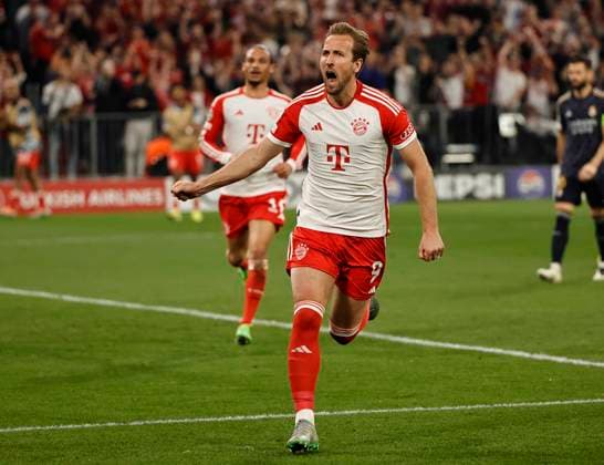 (240501) -- MUNICH, May 1, 2024 -- Harry Kane (front) of Bayern Munich celebrates scoring during the UEFA Champions League semifinal 1st Leg football match between Bayern Munich and Real Madrid in Munich, Germany, April 30, 2024. (Photo by Xinhua) (SP)GERMANY-MUNICH-FOOTBALL-UEFA CHAMPIONS LEAGUE-BAYERN MUNICH VS REAL MADRID PhilippexRuiz 