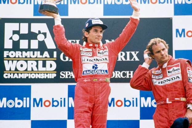 RECORD DATE NOT STATED Foto LaPresse motori Gran Premio Formula 1 nella foto: Ayrton Senna e Gerhard Berger sul podio del Gran Premio del Belgio del 1990  Copyright: xLaPressex