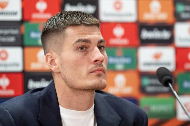 Bayer 04 Leverkusen Training And press conference, PK, Pressekonferenz Patrik Schick of Bayer 04 Leverkusen during a press conference ahead of their UEFA Europa League 2023 24 semi-final match against AS Roma at Stadio Olimpico, on May 01, 2024, in Rome, Italy. Rome Stadio Olimpico Rome Italy Copyright: xGiuseppexMaffiax UEL_BayerLeverkusenPressConference_010524_DSC7394