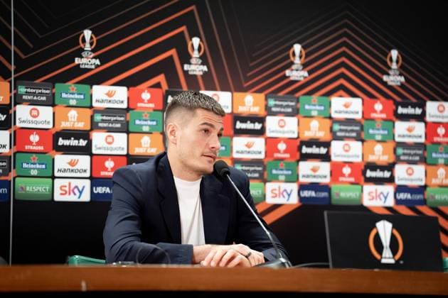 Bayer 04 Leverkusen Training And press conference, PK, Pressekonferenz Patrik Schick of Bayer 04 Leverkusen during a press conference ahead of their UEFA Europa League 2023 24 semi-final match against AS Roma at Stadio Olimpico, on May 01, 2024, in Rome, Italy. Rome Stadio Olimpico Rome Italy Copyright: xGiuseppexMaffiax UEL_BayerLeverkusenPressConference_010524_DSC8049