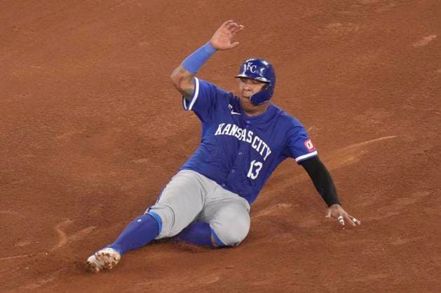 May 1, 2024, Toronto, On, CAN: Kansas City Royals Salvador Perez safely slides into second base during sixth inning American League MLB, Baseball Herren, USA baseball action against the Toronto Blue Jays in Toronto on Wednesday, May 1, 2024. Salvador Perez  - ZUMAc35_ 20240501_zaf_c35_144 Copyright: xChrisxYoungx