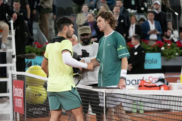 May 1, 2024, Madrid, Spain: Carlos Alcaraz Garfia (L) of Spain plays against Andrey Rublev (R) of Russia during the Mutua Madrid Open 2024 tournament at La Caja Magica. Final score; Carlos Alcaraz Garfia 1:2 Andrey Rublev. Madrid Spain - ZUMAs197 20240501_aaa_s197_323 Copyright: xDavidxCanalesx