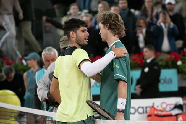 Mutua Madrid Open 2024: Carlos Alcaraz Garfia Vs Andrey Rublev in Spain - 01 May 2024 Carlos Alcaraz Garfia (L) of Spain plays against Andrey Rublev (R) of Russia during the Mutua Madrid Open 2024 tournament at La Caja Magica. Final score; Carlos Alcaraz Garfia 1:2 Andrey Rublev. Madrid Spain Copyright: xDavidxCanalesx xSOPAxImagesx DCAlcarazRublev240430-58