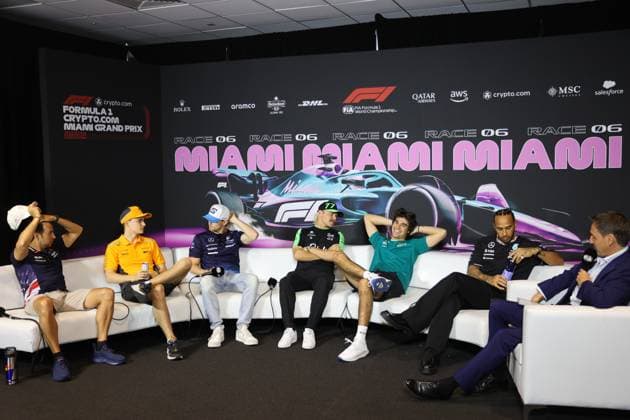F1 Miami Grand Prix 2024 Previews Sergio Perez of Red Bull Racing, Lando Norris of McLaren, Logan Sargeant of Williams, Valtteri Bottas of Kick Sauber, Lance Stroll of Aston Martin Aramco and Lewis Hamilton of Mercedes during press conference, PK, Pressekonferenz ahead of the Formula 1 Miami Grand Prix at Miami International Autodrome in Miami, United States on May 2, 2024. Miami United States  Copyright: xJakubxPorzyckix originalFilename:porzycki-f1miamig240502_npKQH.jpg