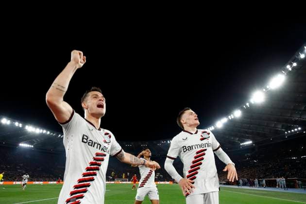 Florian Wirtz (Bayer 04 Leverkusen) celebrates with Granit Xhaka (Bayer 04 Leverkusen) after scoring his team s first goal, UEFA Europa League 2023 2024 - Semifinals first leg, AS Roma vs Bayer 04 Leverkusen, Olimpico Stadium, May 2, 2024, Rome, Italy.