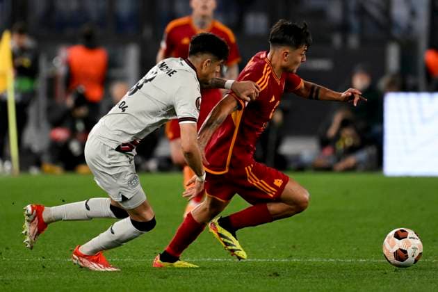 Piero Hincapie of Bayer Leverkusen and Paulo Dybala of AS Roma during the Europa League football match between AS Roma and Bayer Leverkusen at Olimpico stadium in Rome (Italy), May 2nd, 2024. AndreaxStaccioli