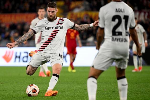 Robert Andrich of Bayer Leverkusen scores the goal of 0-2 during the Europa League football match between AS Roma and Bayer Leverkusen at Olimpico stadium in Rome (Italy), May 2nd, 2024. AndreaxStaccioli