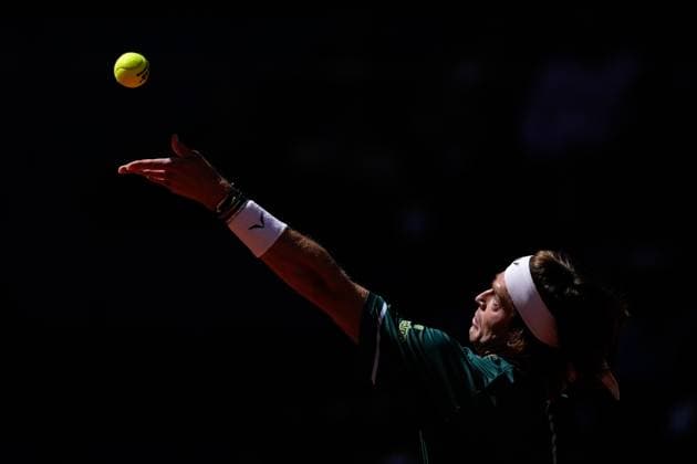 May 3, 2024, Madrid, Madrid, SPAIN: Andrey Rublev of Russia in action against Taylor Fritz of United States during the Mutua Madrid Open 2024, ATP, Tennis Herren Masters 1000 and WTA, Tennis Damen 1000, tournament celebrated at Caja Magica on Mayo 03, 2024 in Madrid, Spain. Madrid SPAIN - ZUMAa181 20240503_zaa_a181_068 Copyright: xOscarxJ.xBarrosox