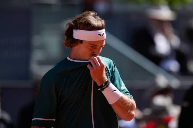 May 3, 2024, Madrid, Madrid, SPAIN: Andrey Rublev of Russia in action against Taylor Fritz of United States during the Mutua Madrid Open 2024, ATP, Tennis Herren Masters 1000 and WTA, Tennis Damen 1000, tournament celebrated at Caja Magica on Mayo 03, 2024 in Madrid, Spain. Madrid SPAIN - ZUMAa181 20240503_zaa_a181_071 Copyright: xOscarxJ.xBarrosox