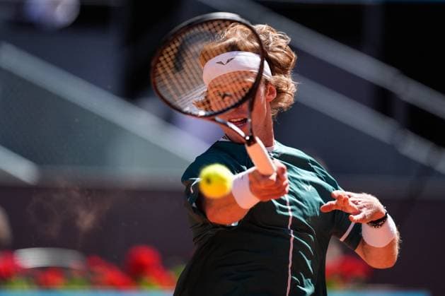May 3, 2024, Madrid, Madrid, SPAIN: Andrey Rublev of Russia in action against Taylor Fritz of United States during the Mutua Madrid Open 2024, ATP, Tennis Herren Masters 1000 and WTA, Tennis Damen 1000, tournament celebrated at Caja Magica on Mayo 03, 2024 in Madrid, Spain. Madrid SPAIN - ZUMAa181 20240503_zaa_a181_074 Copyright: xOscarxJ.xBarrosox