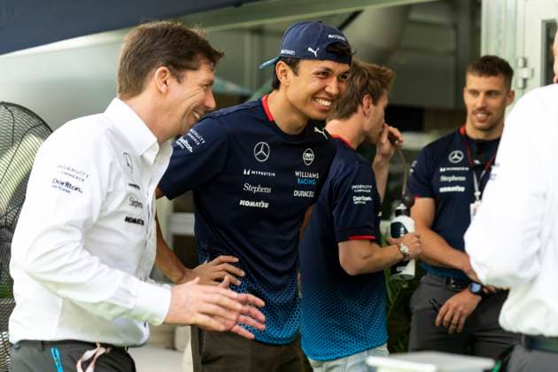 Thai Formula One driver Alex Albon of Williams Racing speaks with team principal James Vowles n the paddock during the Formula One Miami Grand Prix at the Miami International Autodrome in Miami Gardens, Florida on May 3, 2024.  MIA20240503407 GREGxNASH