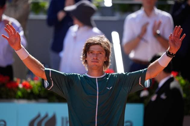May 3, 2024, Madrid, Madrid, SPAIN: Andrey Rublev of Russia celebrates after winning against Taylor Fritz of United States during the Mutua Madrid Open 2024, ATP, Tennis Herren Masters 1000 and WTA, Tennis Damen 1000, tournament celebrated at Caja Magica on Mayo 03, 2024 in Madrid, Spain. Madrid SPAIN - ZUMAa181 20240503_zaa_a181_082 Copyright: xOscarxJ.xBarrosox