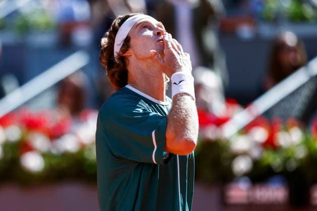May 3, 2024, Madrid, Madrid, SPAIN: Andrey Rublev of Russia celebrates after winning against Taylor Fritz of USA during the Masters 1000 and WTA, Tennis Damen 1000, tournament celebrated at Caja Magica on May 03, 2024 in Madrid, Spain. Madrid SPAIN - ZUMAa181 20240503_zaa_a181_090 Copyright: xIrinaxR.xHipolitox