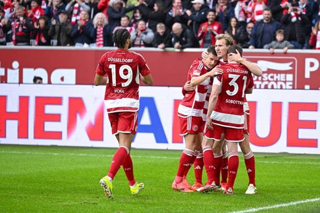 03.05.2024, Fussball, 2. Bundesliga, 32. Spieltag Saison 2023 2024, Fortuna Düsseldorf - 1. FC Nuernberg, Vincent Vermeij (Fortuna Düsseldorf) freut sich über das Tor zum 1:0. xRHR-FOTO TKx