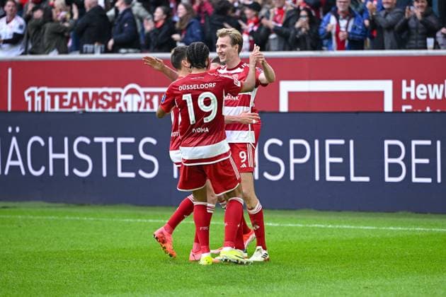 03.05.2024, Fussball, 2. Bundesliga, 32. Spieltag Saison 2023 2024, Fortuna Düsseldorf - 1. FC Nuernberg, Vincent Vermeij (Fortuna Düsseldorf) freut sich über das Tor zum 2:0. xRHR-FOTO TKx