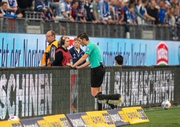 Fussball, Herren, Saison 2023 2024, 2. Bundesliga (32. Spieltag), Hamburger SV - FC St. Pauli, Schiedsrichter Dr. Matthias Jöllenbeck nimmt nach Videobeweis das Tor zum 1::0 von Ransdorf Königsdörffer (HSV) zurück, 03.05. 2024,