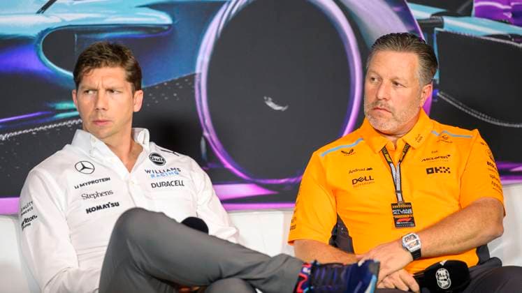 3rd May 2024; Miami International Autodrome, Miami, Florida, USA; Formula 1 Crypto.com Miami Grand Prix 2024; Free Practice Day; From left Williams team principal James Vowles and McLaren Racing CEO Zak Brown speak to the media during a press conference, PK, Pressekonferenz  ActionPlus12637536 DouglasxMurray