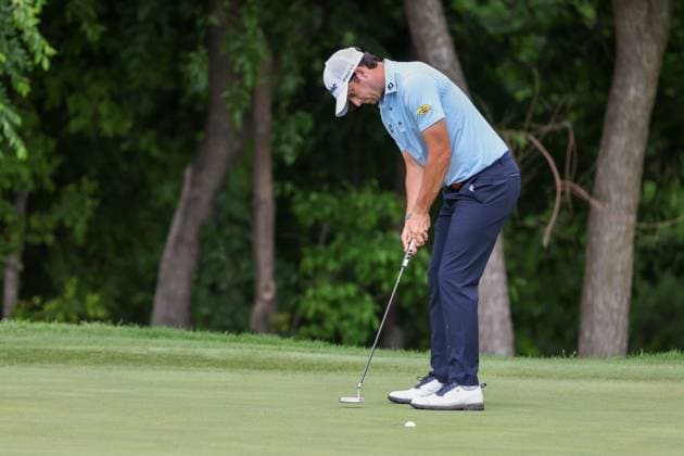 MCKINNEY, TX - MAY 03: Davis Riley (USA) watches his birdie putt fall into the cup on the ninth green during the second round of the PGA, Golf Herren CJ CUP Byron Nelson on May 3, 2024, at TPC Craig Ranch in McKinney, TX. (Photo by David Buono Icon Sportswire) GOLF: MAY 03 PGA CJ CUP Byron Nelson EDITORIAL USE ONLY Icon240503092