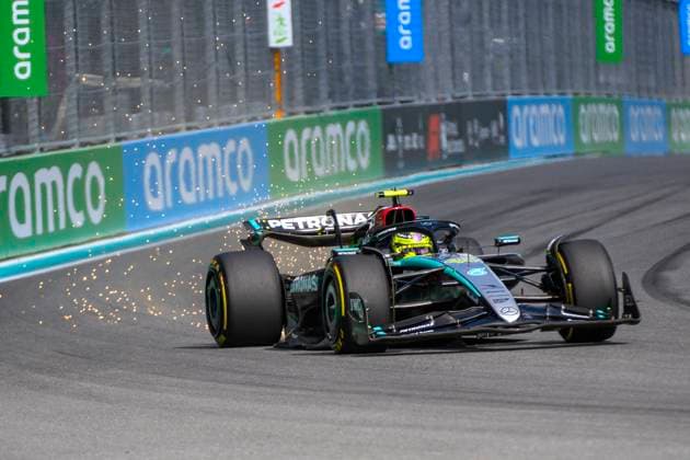 3rd May 2024; Miami International Autodrome, Miami, Florida, USA; Formula 1 Crypto.com Miami Grand Prix 2024; Free Practice Day; Sparks fly as Lewis Hamilton of the United Kingdom drives the number 44 Mercedes-AMG PETRONAS car during the Sprint qualifying session.  ActionPlus12637605 DouglasxMurray