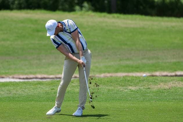 MCKINNEY, TX - MAY 03: Matthew Wallace (ENG) hits his approach shot on the 10th hole during the second round of the PGA, Golf Herren CJ CUP Byron Nelson on May 3, 2024, at TPC Craig Ranch in McKinney, TX. (Photo by David Buono Icon Sportswire) GOLF: MAY 03 PGA CJ CUP Byron Nelson EDITORIAL USE ONLY Icon240503116