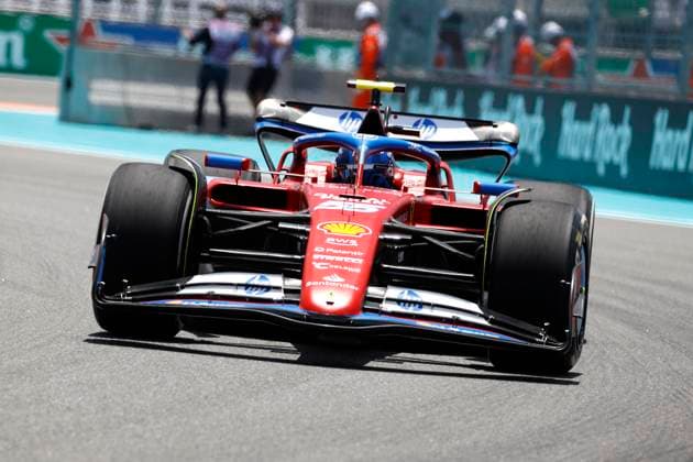 MIAMI GARDENS, FL - MAY 03: Scuderia Ferrari driver Carlos Sainz 55 of Spain races thru turn 11 during practice for the F1 Crypto.com Miami Grand Prix on May 3, 2024 at Miami International Autodrome in Miami Gardens, FL. (Photo by Jeff Robinson Icon Sportswire) AUTO: MAY 03 F1 Crypto.com Miami Grand Prix EDITORIAL USE ONLY Icon24050331001