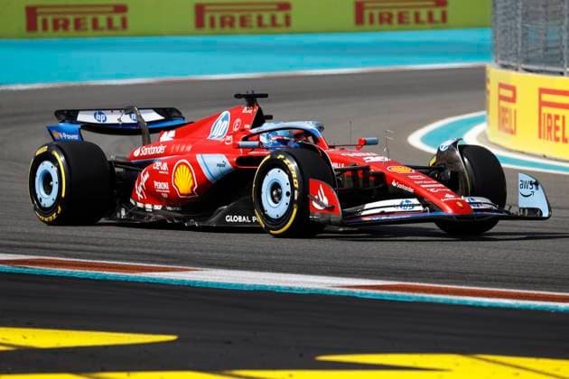 MIAMI GARDENS, FL - MAY 03: Scuderia Ferrari driver Charles Leclerc 16 of Monaco races into turn 8 during practice for the F1 Crypto.com Miami Grand Prix on May 3, 2024 at Miami International Autodrome in Miami Gardens, FL. (Photo by Jeff Robinson Icon Sportswire) AUTO: MAY 03 F1 Crypto.com Miami Grand Prix EDITORIAL USE ONLY Icon24050345011