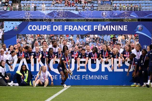 PSG vainqueur de la finale de la Coupe de France FÃ minine 2024 opposant le Paris Saint Germain au FC Fleury 91 au Stade de la Mosson, a Montpellier le 4 mai 2024. FOOTBALL : PSG vs. FC Fleury 91 - Finale Coupe de France Feminine - 04 05 2024 ValentinaClaret Panoramic 