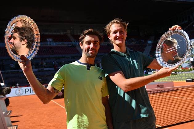 Mutua Madrid Open Sebastian Korda (USA) with Jordan Thompson (AUS) during the double final match at the Mutua Madrid Open in Madrid , Spain, on May, 4, 2024. Photo by Corinne Dubreuil ABACAPRESS.COM Madrid Spain  Copyright: xDubreuilxCorinne ABACAx