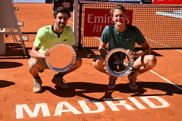 Mutua Madrid Open Sebastian Korda (USA) with Jordan Thompson (AUS) during the double final match at the Mutua Madrid Open in Madrid , Spain, on May, 4, 2024. Photo by Corinne Dubreuil ABACAPRESS.COM Madrid Spain  Copyright: xDubreuilxCorinne ABACAx