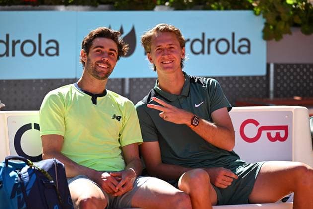 Mutua Madrid Open Sebastian Korda (USA) with Jordan Thompson (AUS) during the double final match at the Mutua Madrid Open in Madrid , Spain, on May, 4, 2024. Photo by Corinne Dubreuil ABACAPRESS.COM Madrid Spain  Copyright: xDubreuilxCorinne ABACAx