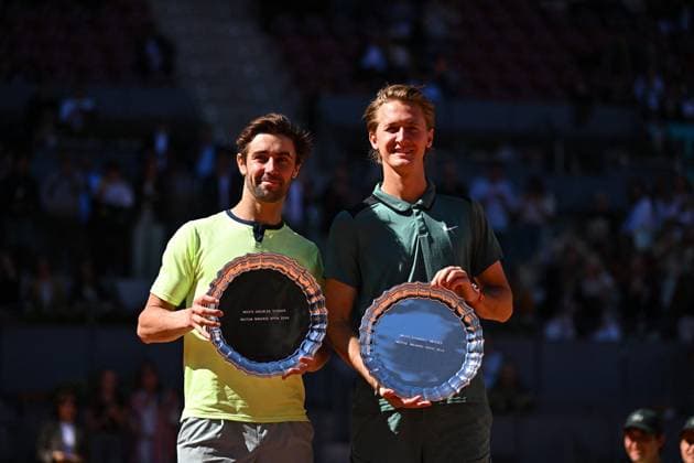 Mutua Madrid Open Sebastian Korda (USA) with Jordan Thompson (AUS) during the double final match at the Mutua Madrid Open in Madrid , Spain, on May, 4, 2024. Photo by Corinne Dubreuil ABACAPRESS.COM Madrid Spain  Copyright: xDubreuilxCorinne ABACAx