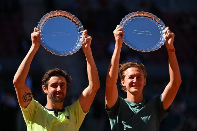 Mutua Madrid Open Sebastian Korda (USA) with Jordan Thompson (AUS) during the double final match at the Mutua Madrid Open in Madrid , Spain, on May, 4, 2024. Photo by Corinne Dubreuil ABACAPRESS.COM Madrid Spain  Copyright: xDubreuilxCorinne ABACAx