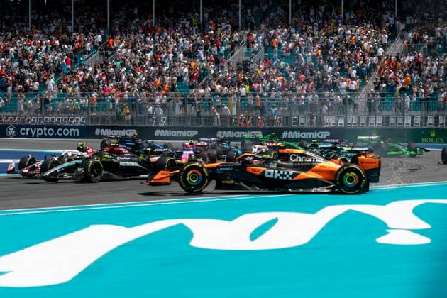 British Formula One driver Lando Norris of McLaren F1 Team is hit in turn one at the start of the sprint race during the Formula One Miami Grand Prix at the Miami International Autodrome in Miami Gardens, Florida on Saturday, May 4, 2024  MIA20240504424 GREGxNASH