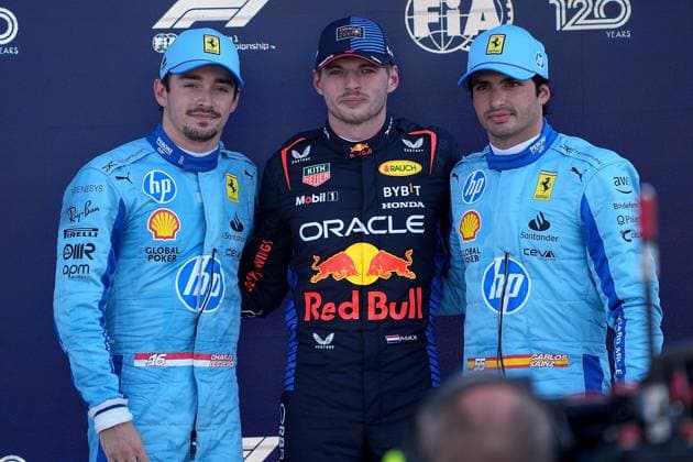 04.05.2024, Miami International Autodrome, Miami, Formula 1 Crypto.com Miami Grand Prix,im Bild Poleposition für Max Verstappen (NLD), Oracle Red Bull Racing, 2.Startplatz für Charles Leclerc (MCO), Scuderia Ferrari HP, 3.Startplatz für Carlos Sainz Jr. (ESP), Scuderia Ferrari HP. Defodi-506_20240504_hbr_5053