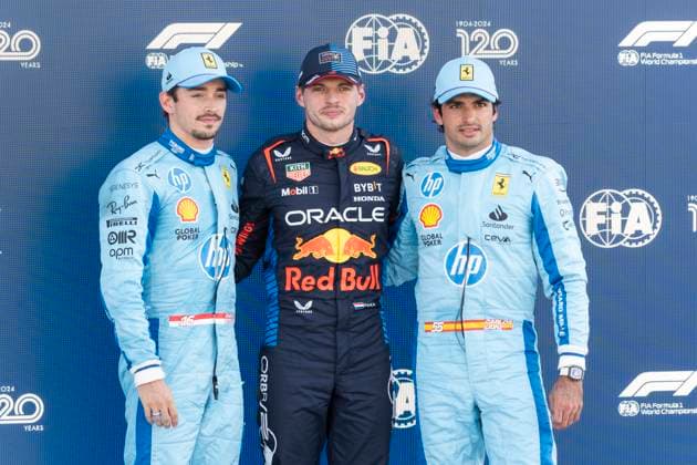Monaco s Formula One driver Charles Leclerc of Scuderia Ferrari, Dutch Formula One driver Max Verstappen of Red Bull Racing and Spanish Formula One driver Carlos Sainz Jr. of Scuderia Ferrari pose for a photo following qualifying for the Formula One Miami Grand Prix at the Miami International Autodrome in Miami Gardens, Florida on Saturday, May 4, 2024  MIA20240504480 GREGxNASH